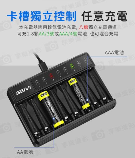 SEIVI SW-8N 8槽單迴路充電器 獨立8道充 鎳氫電池AA/AAA/3號/4號 USB智能座充 LCD滿電指示