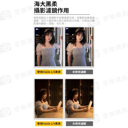 【Haida海大 黑柔焦濾鏡 1/4】43mm/49mm/52mm/55mm/58mm/62mm/67mm/72mm/77mm/82mm 黑柔焦鏡 柔光鏡 朦朧鏡 人像柔化鏡：圖片 4