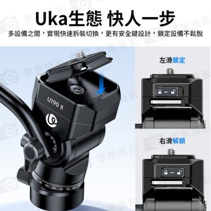 【Ulanzi U-190 II Uka快裝小型液壓雲台 2代】承重4kg 1/4 3/8 液壓阻尼 快拆快裝 可拆手柄 全景拍攝 相機雲台 便攜 攝影腳架 Mini Hydraulic Tripod Head：圖片 6