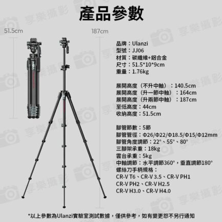 【Ulanzi《液壓款》JJ06靈巧俯拍攝影雲台三腳架】51.5-187cm 承重5kg 低機位 萬向球頭 旅行腳架 直播 攝影 錄影 外拍 Agile Carbon Fiber Overhead Tripod：圖片 11