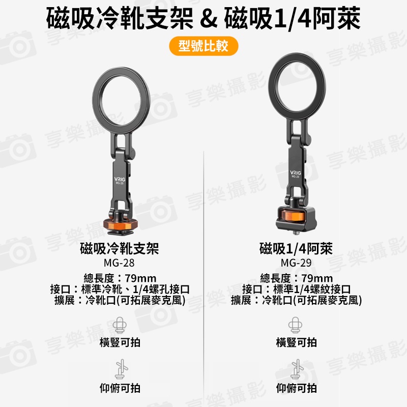 【VRIG MG-28 Magsafe冷靴磁吸摺疊支架 】*付引磁片 1/4螺口 仰俯 橫豎拍 手機支架 拓展 相機熱靴 三腳架 適用蘋果 安卓 Vlog 直播錄影:圖片 7