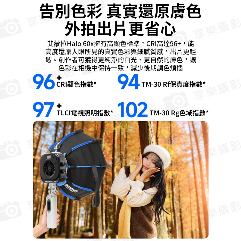 【愛圖仕Amaran HALO 60X 雙色溫 便攜手持補光燈】COB燈珠 63W 保榮卡口 持續燈 攝影燈 聚光燈 直播燈 外拍燈 棚燈 APP遙控:圖片 12