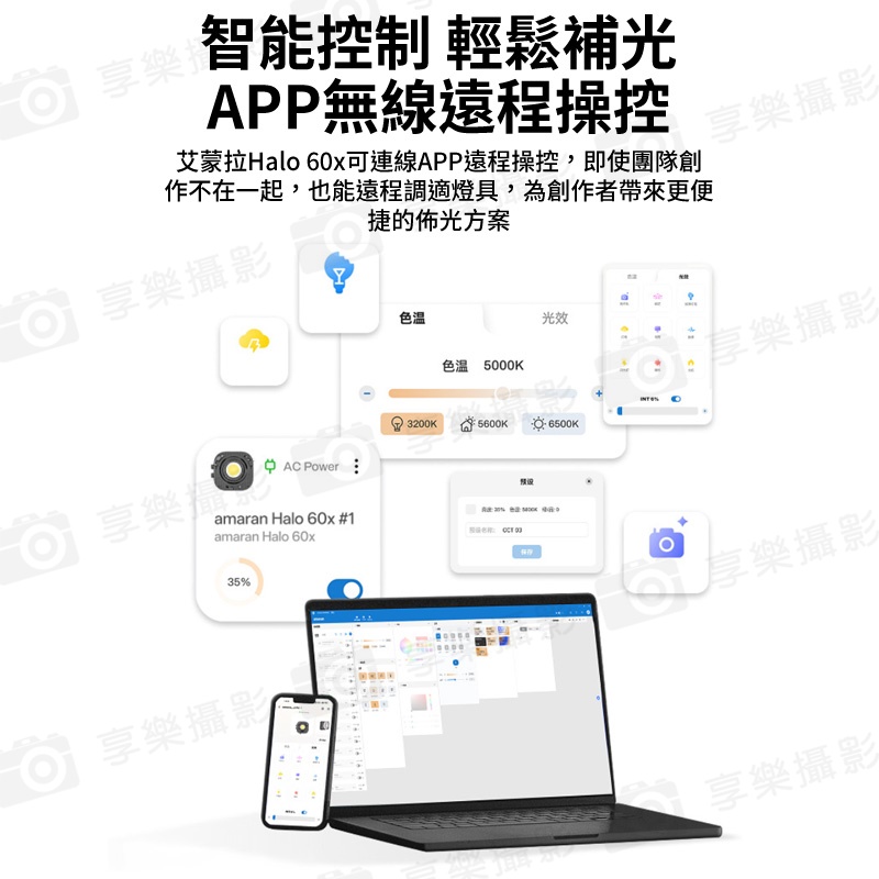 【愛圖仕Amaran HALO 60X 雙色溫 便攜手持補光燈】COB燈珠 63W 保榮卡口 持續燈 攝影燈 聚光燈 直播燈 外拍燈 棚燈 APP遙控:圖片 15